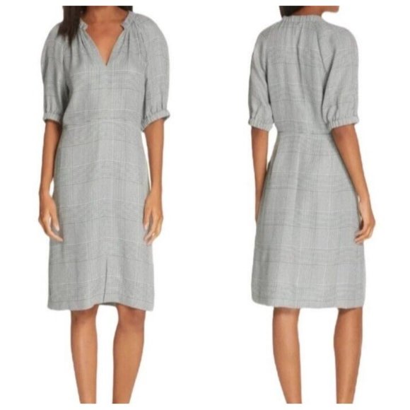 Lewit Posy Rosa Dress Womens 4 Green/White Houndstooth V-Neck Slit Front - Picture 1 of 14